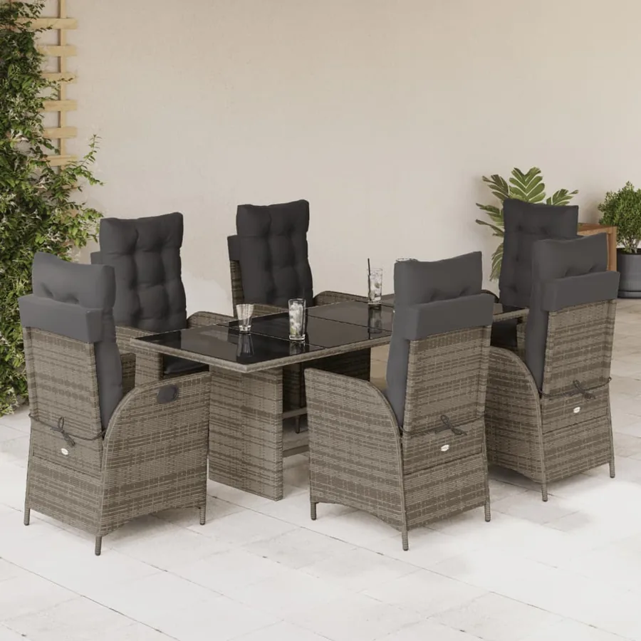 Ensemble à manger de jardin et coussins 7 pcs gris rotin