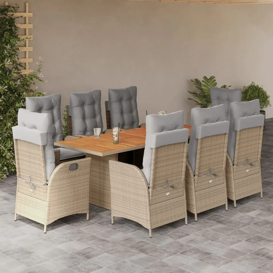 Ensemble à manger de jardin et coussins 9 pcs mélange beige
