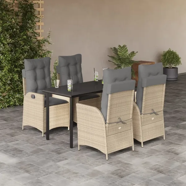 Ensemble à manger de jardin avec coussins 5pcs Beige poly rotin