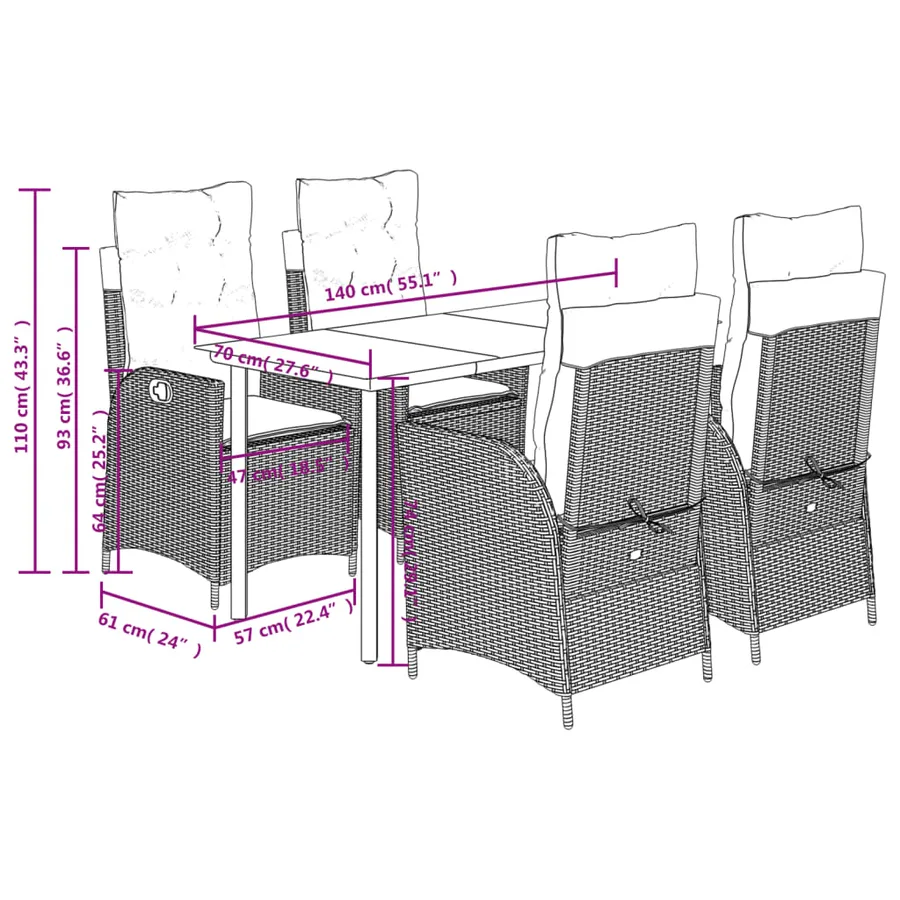 Ensemble à manger de jardin avec coussins 5pcs Beige poly rotin - 9