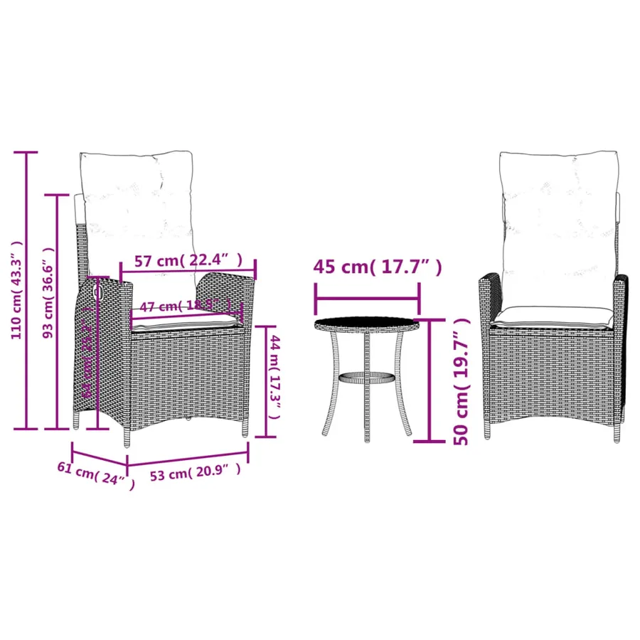 Ensemble de bistro 3 pcs avec coussins marron résine tressée - 15