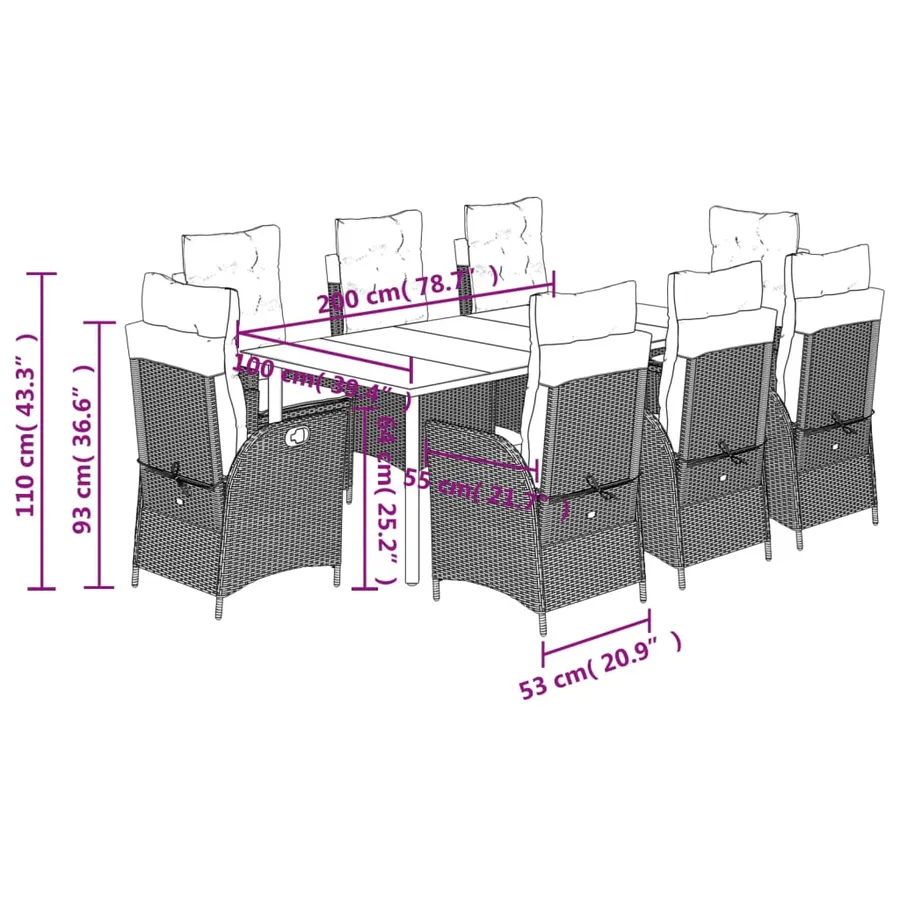 Ensemble à manger de jardin et coussins 9 pcs marron poly rotin - 9