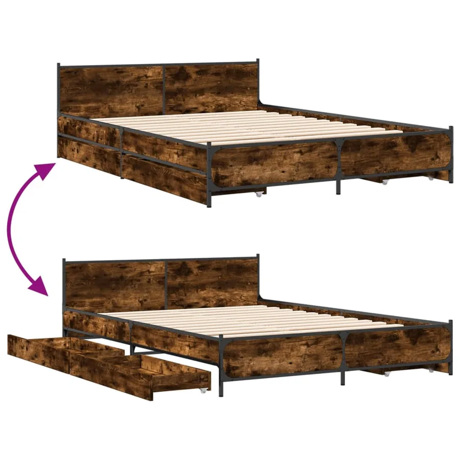 Cadre de lit avec tiroirs sans matelas chêne fumé 135x190 cm - 7