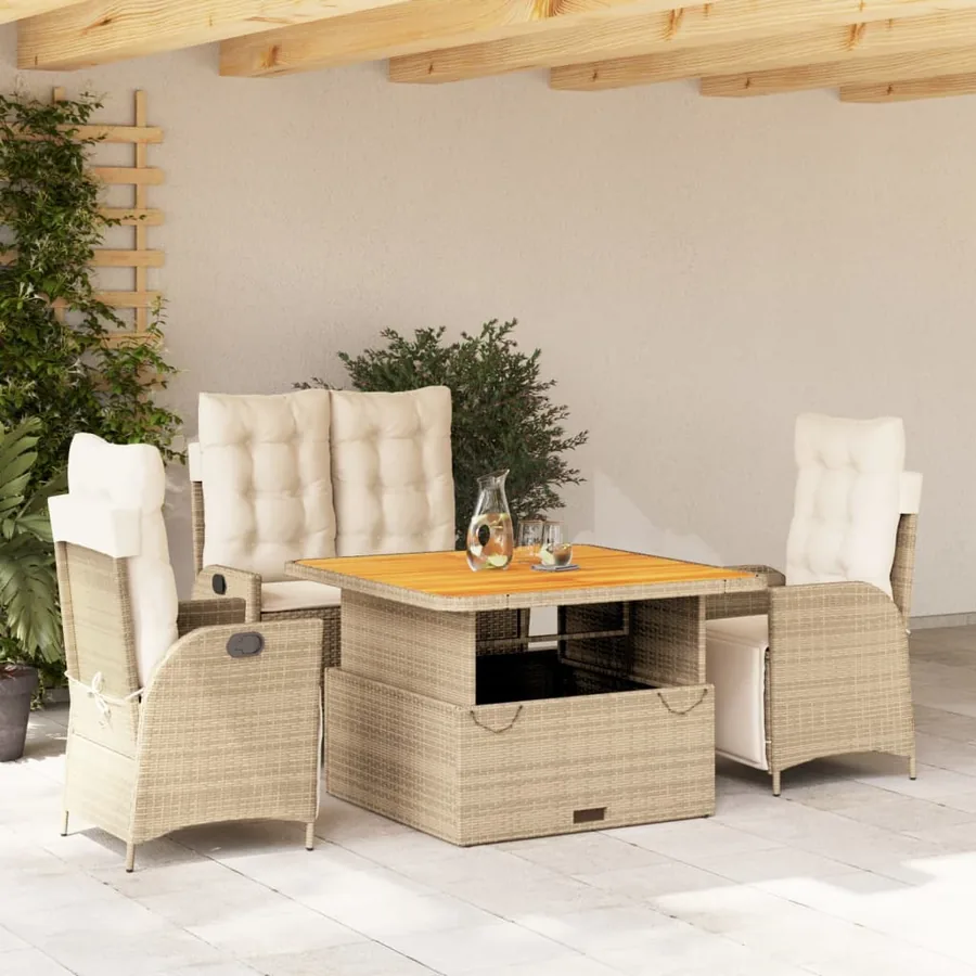 Ensemble à manger de jardin coussins 4 pcs beige résine tressée