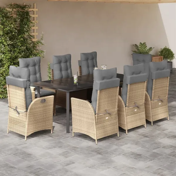 Ensemble à manger de jardin et coussins 9 pcs beige Poly rotin