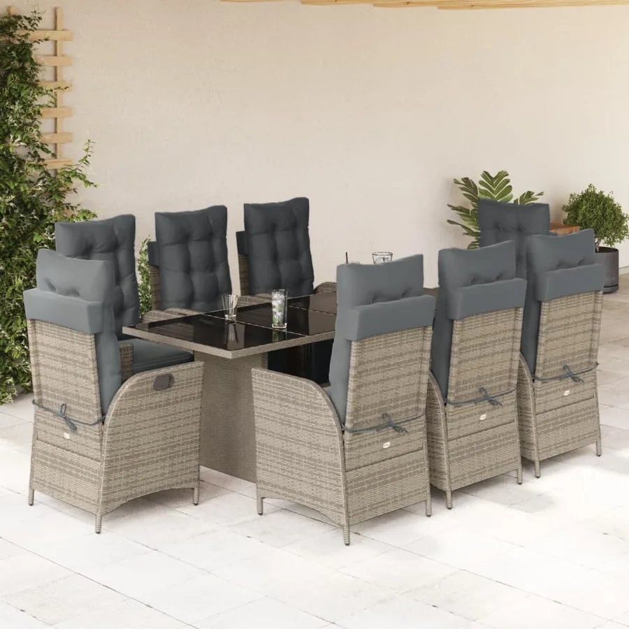 Ensemble à manger de jardin 9 pcs coussins gris résine tressée