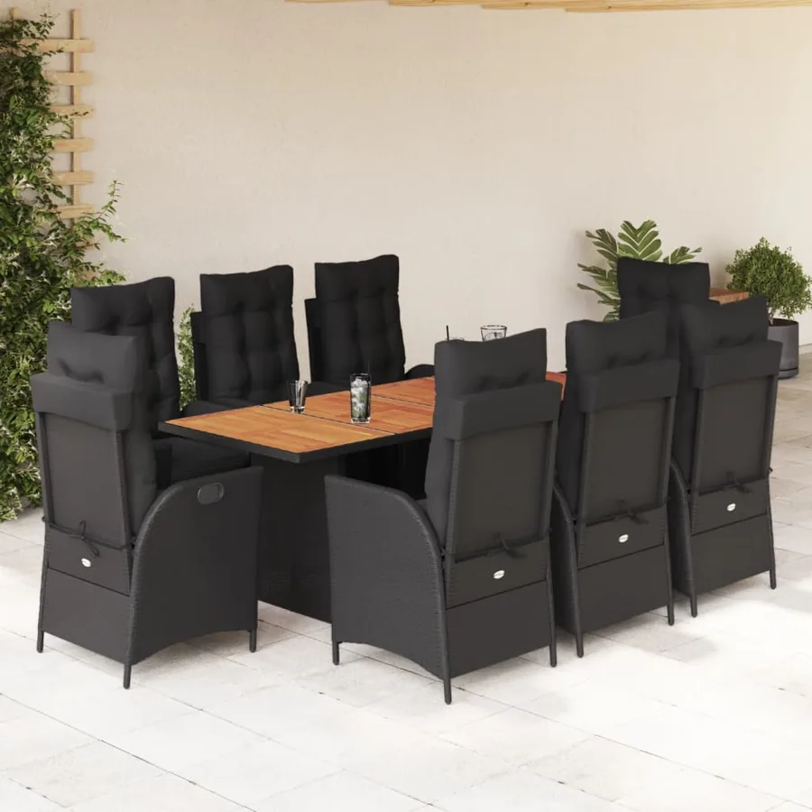 Ensemble à manger de jardin 9pcs coussins noir résine tressée