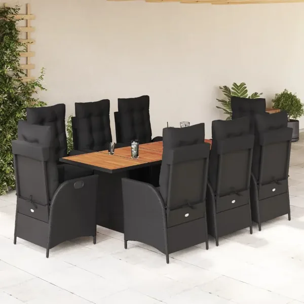 Ensemble à manger de jardin 9pcs coussins noir résine tressée