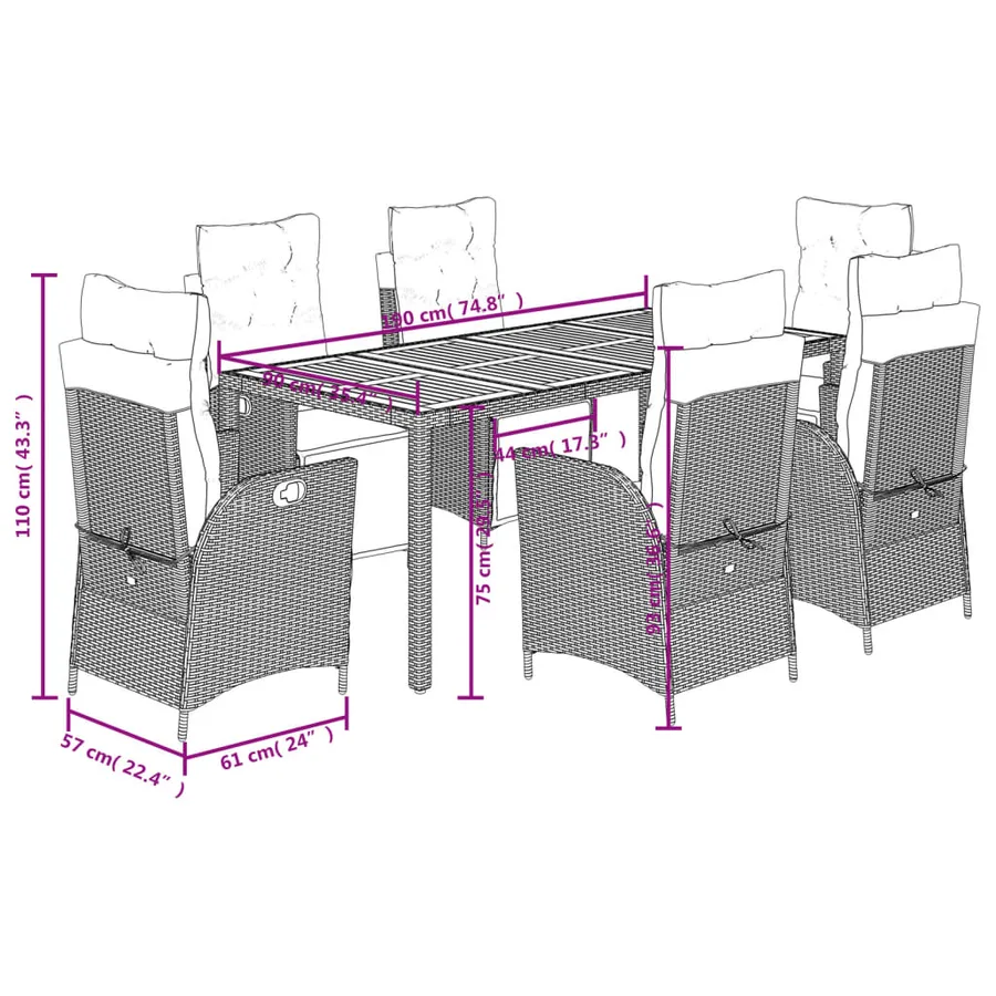 Ensemble à manger de jardin et coussins 7 pcs gris rotin - 9