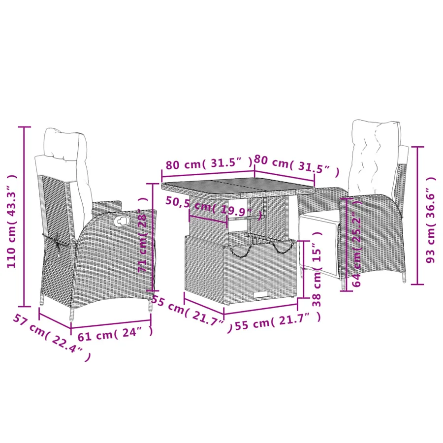 Ensemble à manger de jardin avec coussins 3 pcs Noir - 8