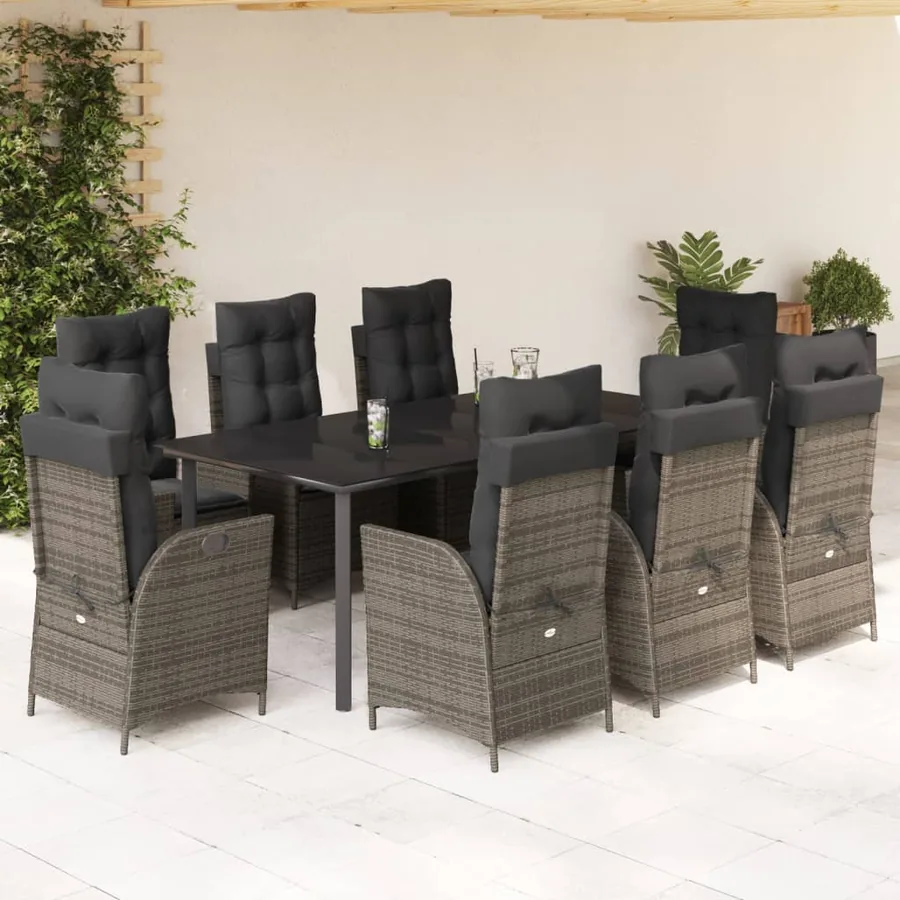 Ensemble à manger de jardin 9 pcs coussins gris résine tressée