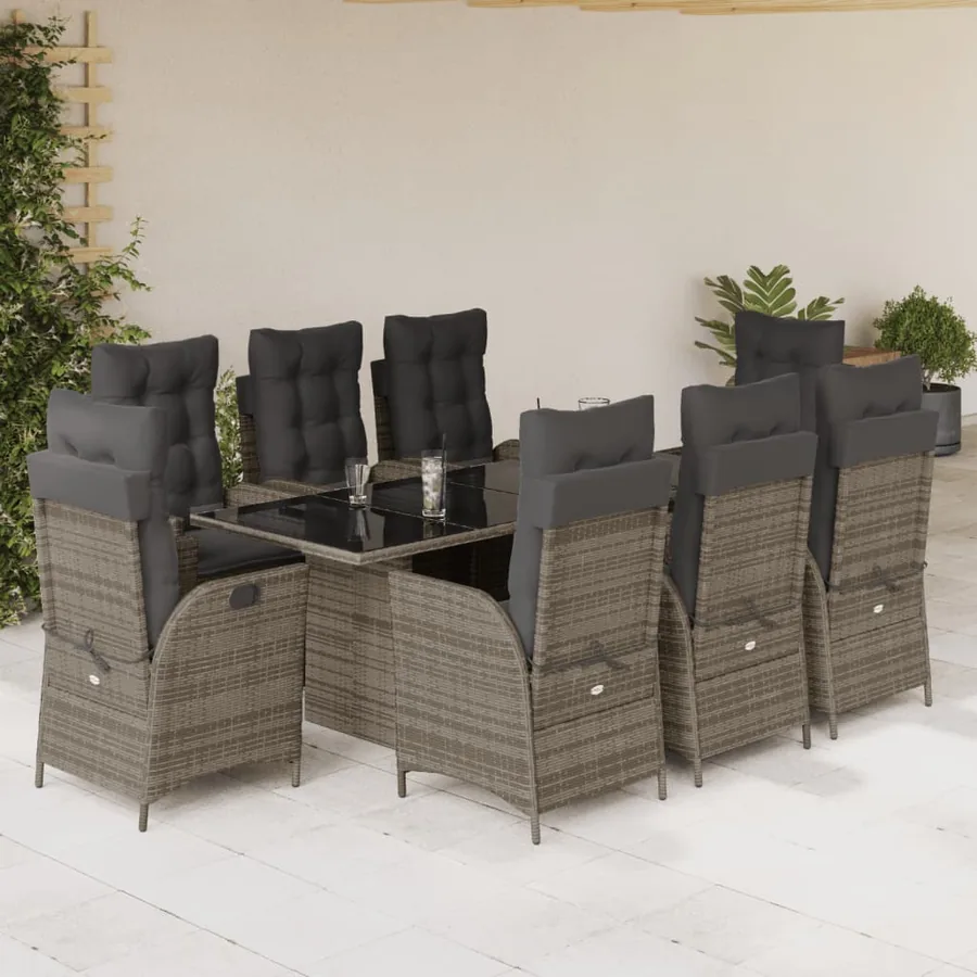 Ensemble à manger de jardin 9 pcs coussins gris résine tressée