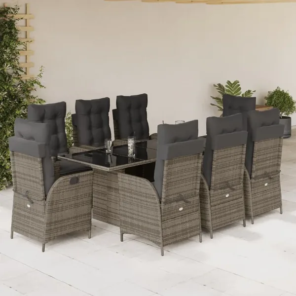 Ensemble à manger de jardin 9 pcs coussins gris résine tressée