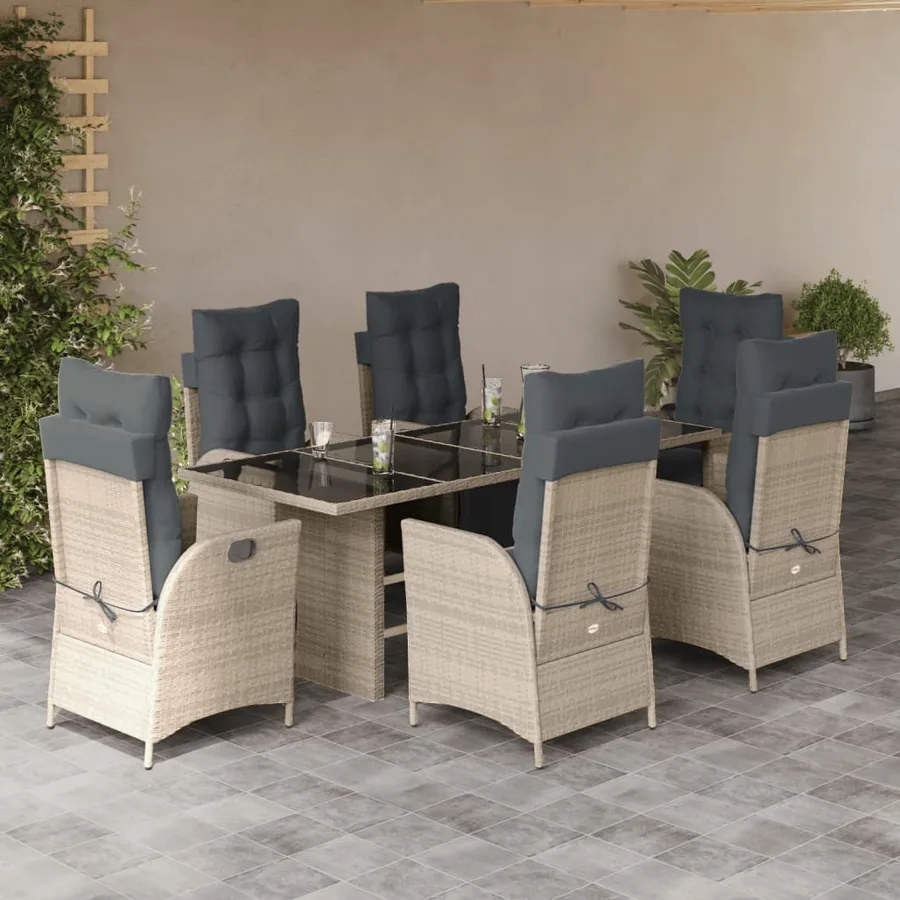 Ensemble à manger de jardin et coussins 7 pcs gris clair rotin
