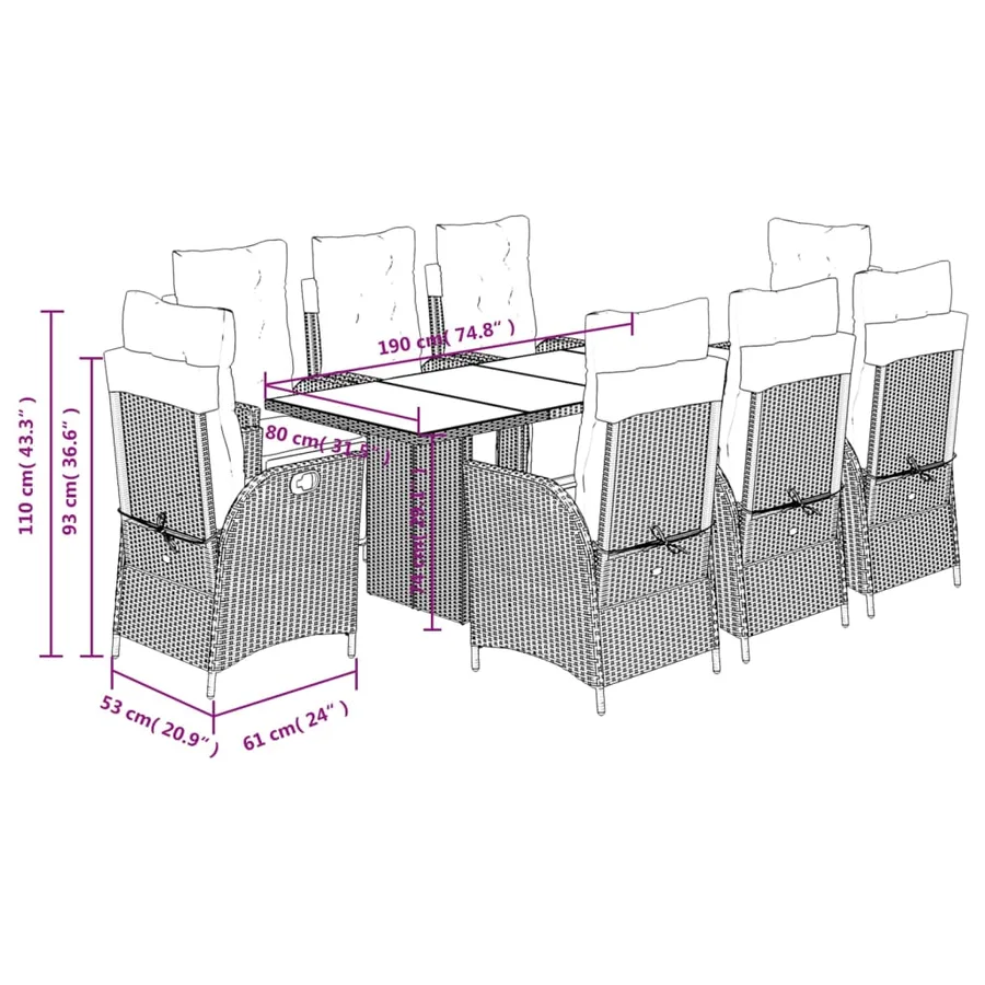 Ensemble à manger de jardin et coussins 9 pcs marron poly rotin - 9