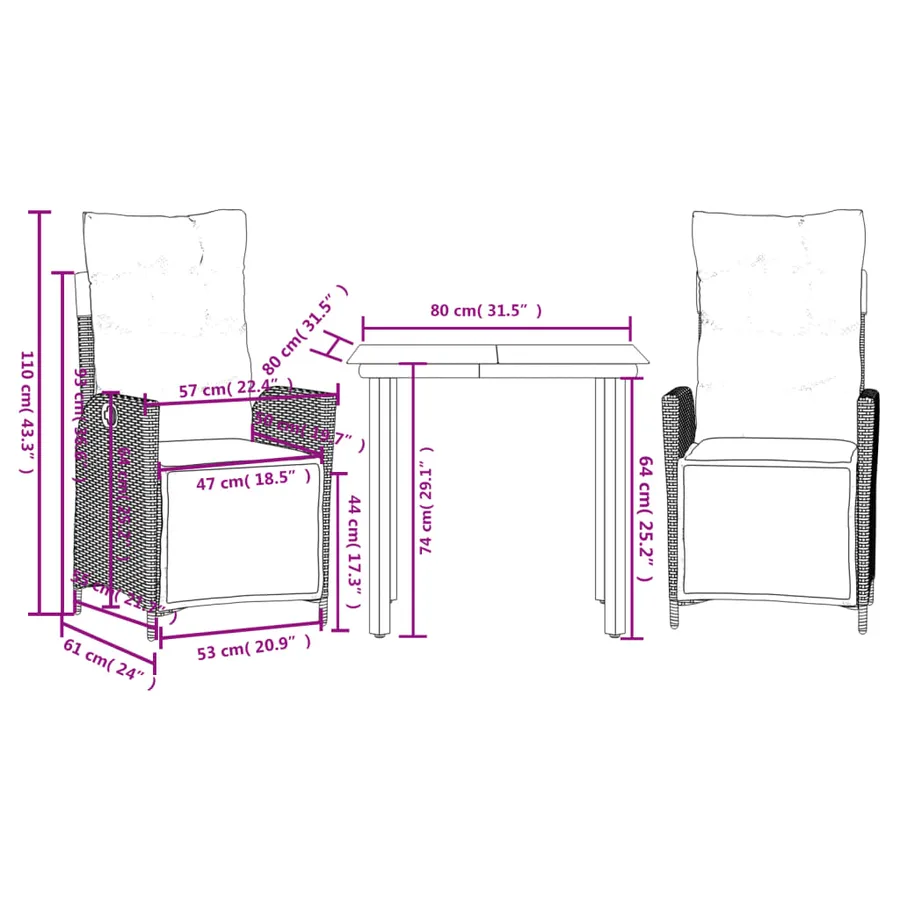 Ensemble à manger de jardin 3 pcs et coussins marron poly rotin - 9