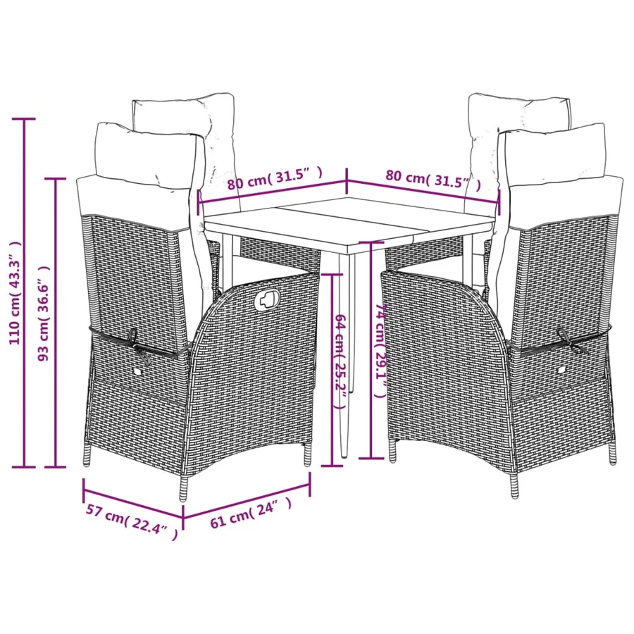 Ensemble à manger de jardin 5 pcs et coussins marron poly rotin - 9