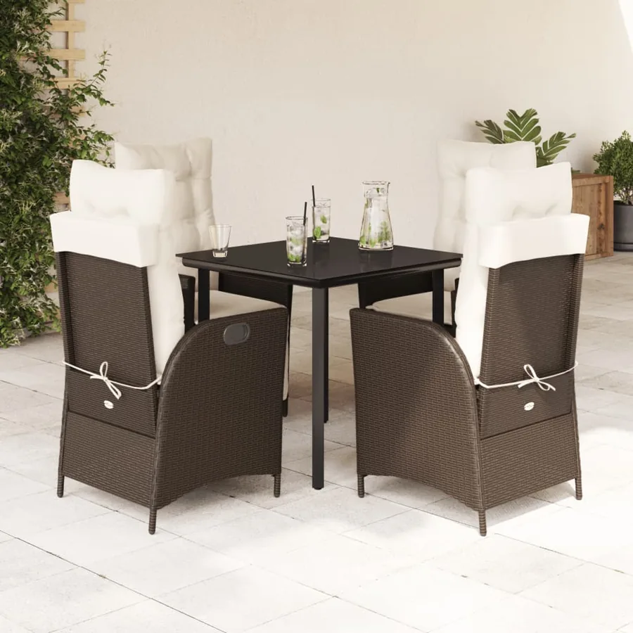 Ensemble à manger de jardin 5 pcs et coussins marron poly rotin