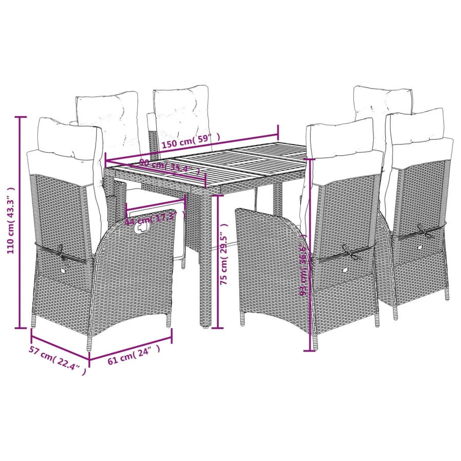 Ensemble à manger de jardin coussins 7pcs Noir Résine tressée - 9