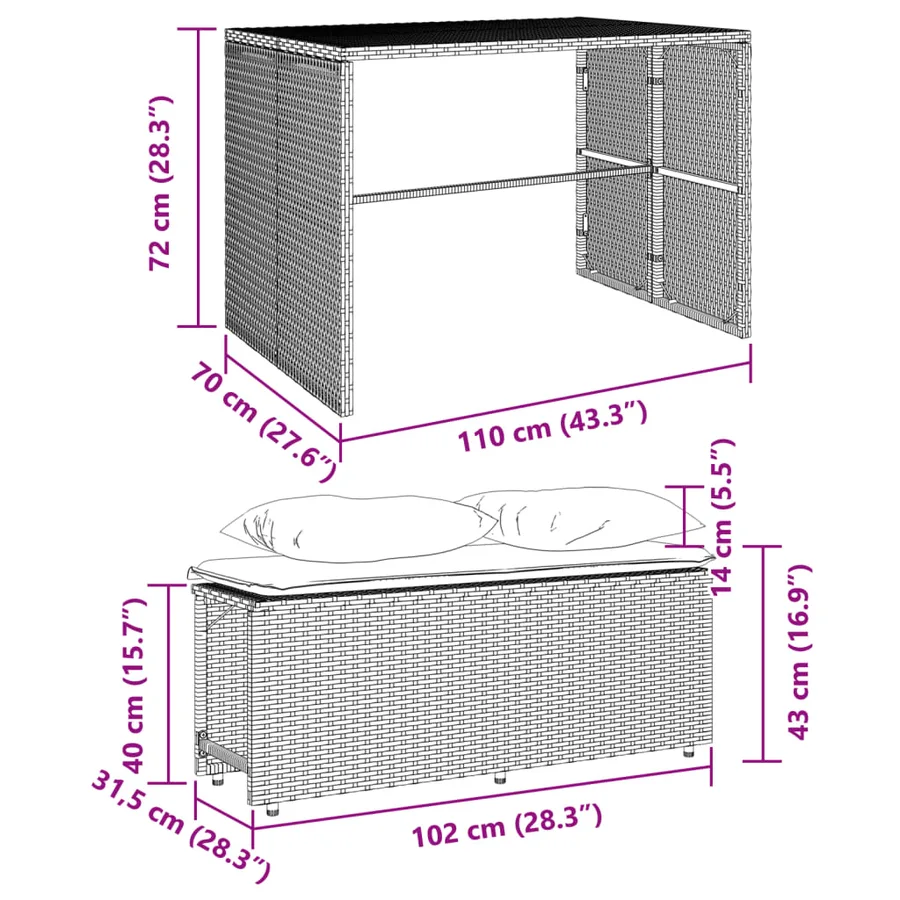 Ensemble à manger de jardin 3 pcs coussins gris résine tressée - 11