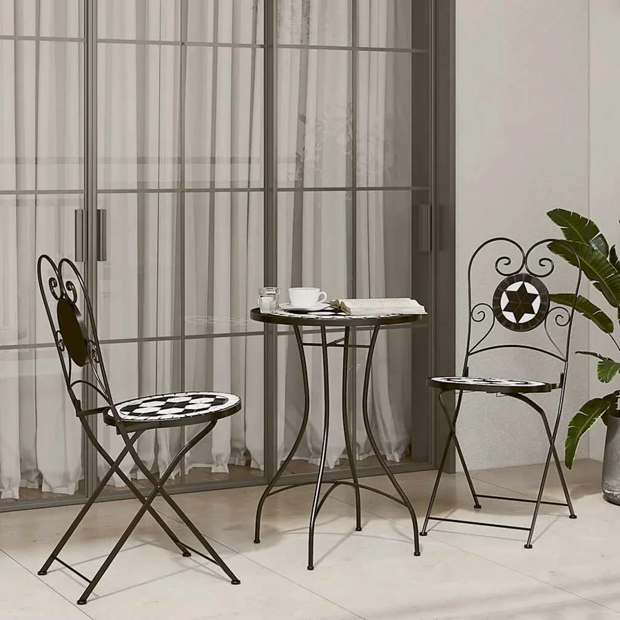 Ensemble de bistro mosaïque noir et blanc fer et céramique