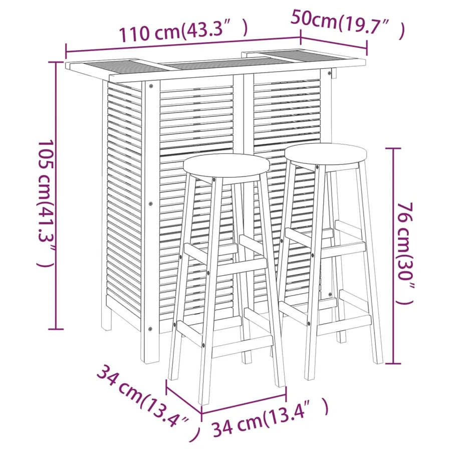 Ensemble de bar de jardin 3 pcs Bois d'acacia solide - 12