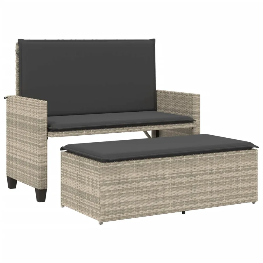 Banc de jardin et coussins et repose-pied gris clair poly rotin - 2