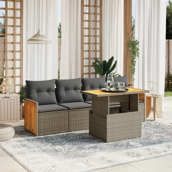 Salon de jardin 5 pcs avec coussins gris résine tressée