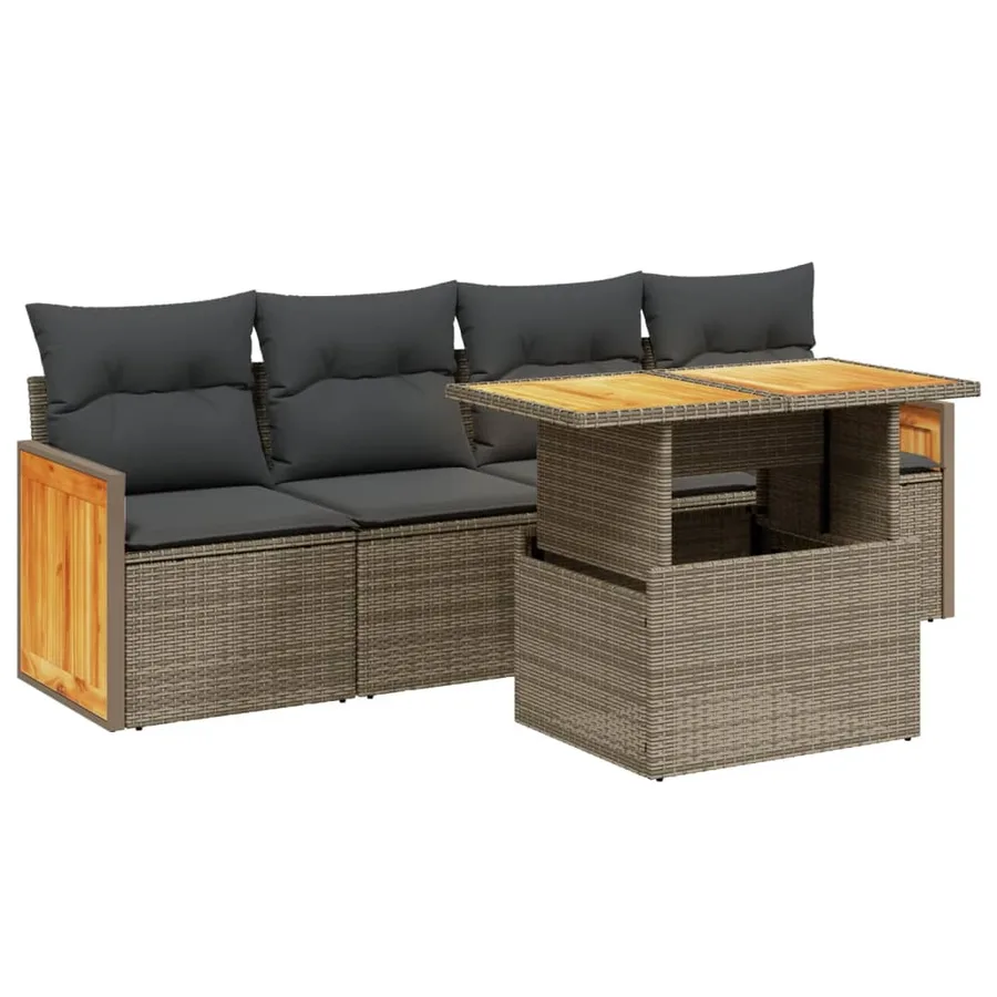 Salon de jardin 5 pcs avec coussins gris résine tressée - 2