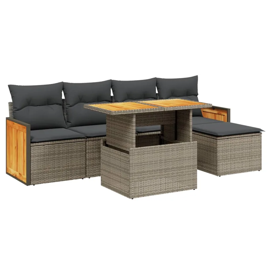 Salon de jardin 6 pcs avec coussins gris résine tressée - 2