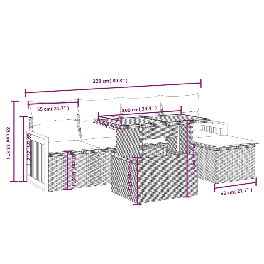 Salon de jardin 6 pcs avec coussins gris résine tressée - 3