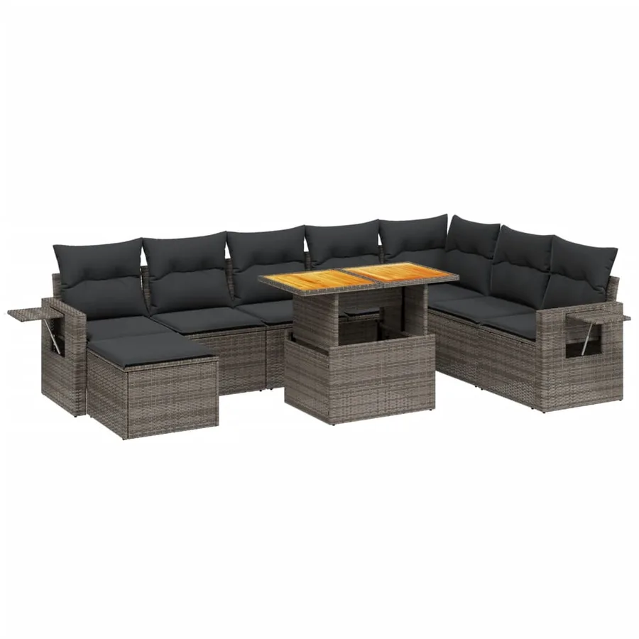 Salon de jardin 9 pcs avec coussins gris résine tressée - 2