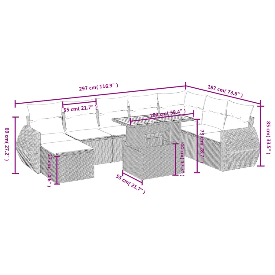Salon de jardin 9 pcs avec coussins gris résine tressée - 4