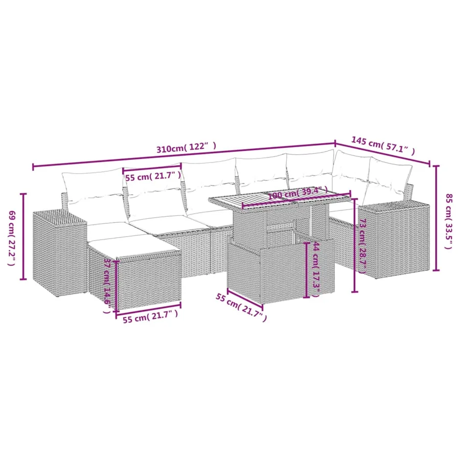 Salon de jardin 8 pcs avec coussins gris résine tressée - 4