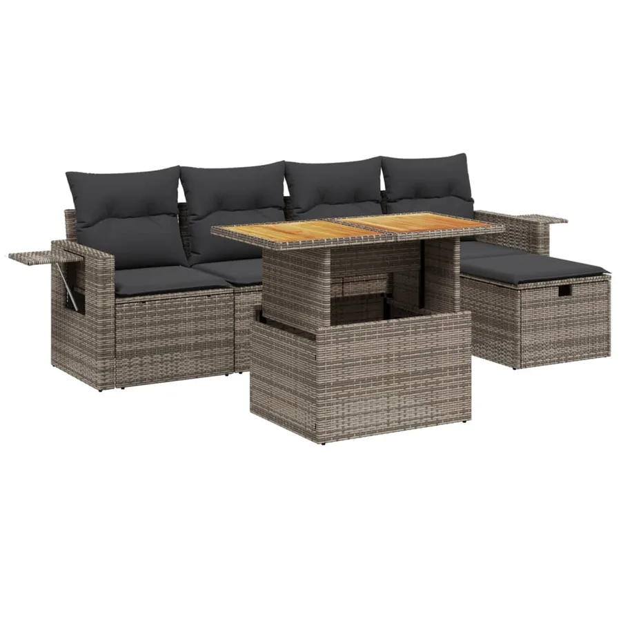 Salon de jardin 6 pcs avec coussins gris résine tressée - 2