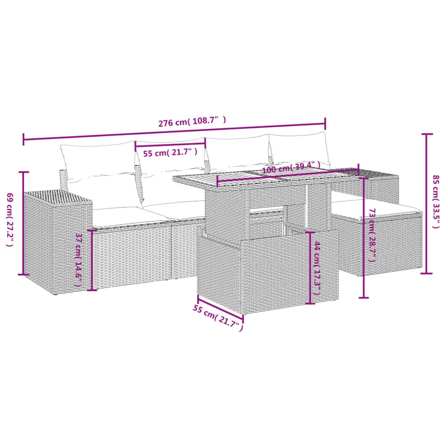 Salon de jardin 6 pcs avec coussins gris résine tressée - 4