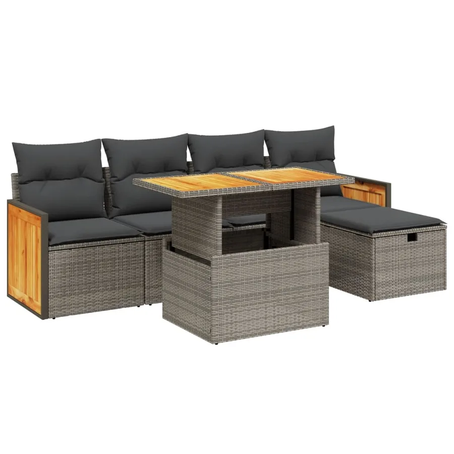 Salon de jardin 6 pcs avec coussins gris résine tressée - 2