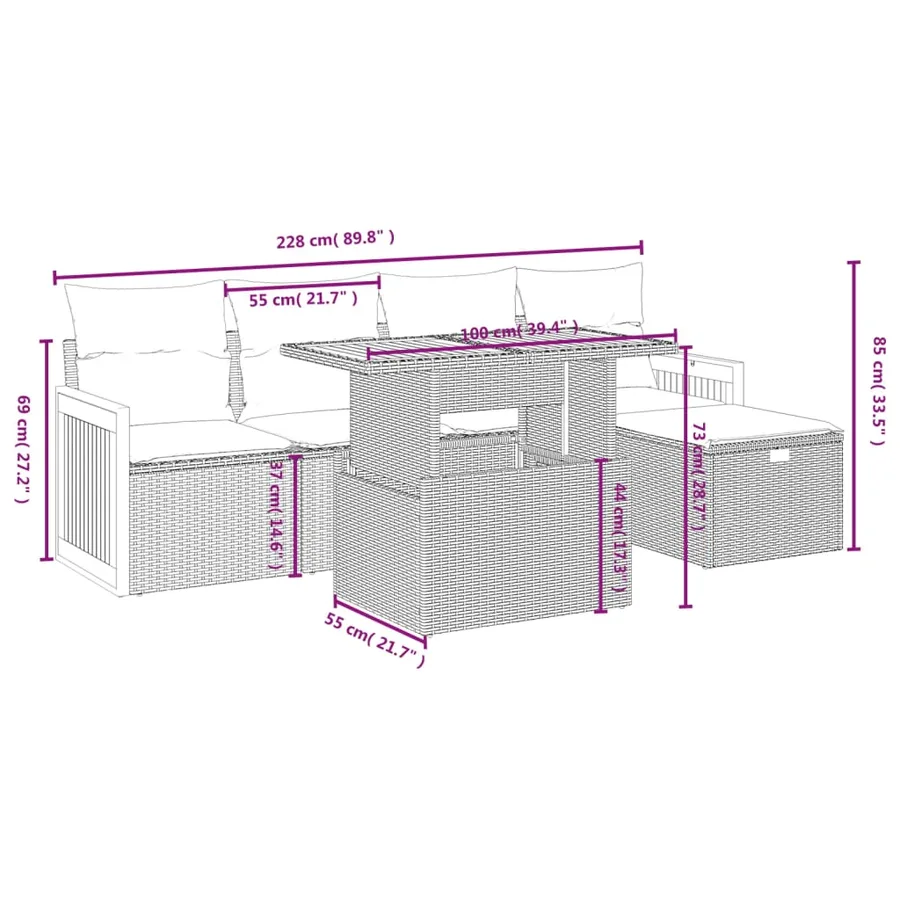 Salon de jardin 6 pcs avec coussins gris résine tressée - 4