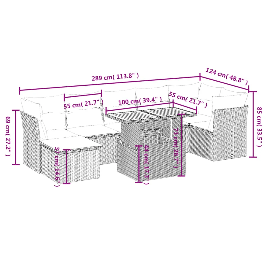 Salon de jardin 8 pcs avec coussins gris résine tressée - 3