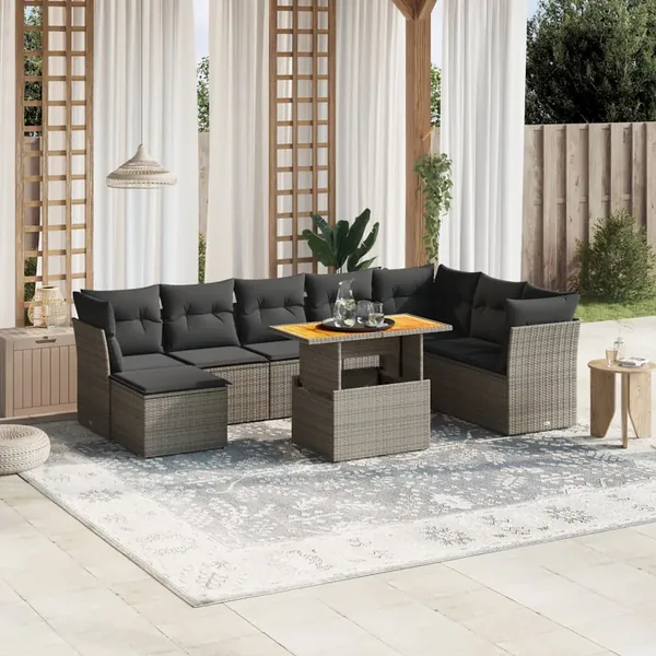 Salon de jardin 9 pcs avec coussins gris résine tressée