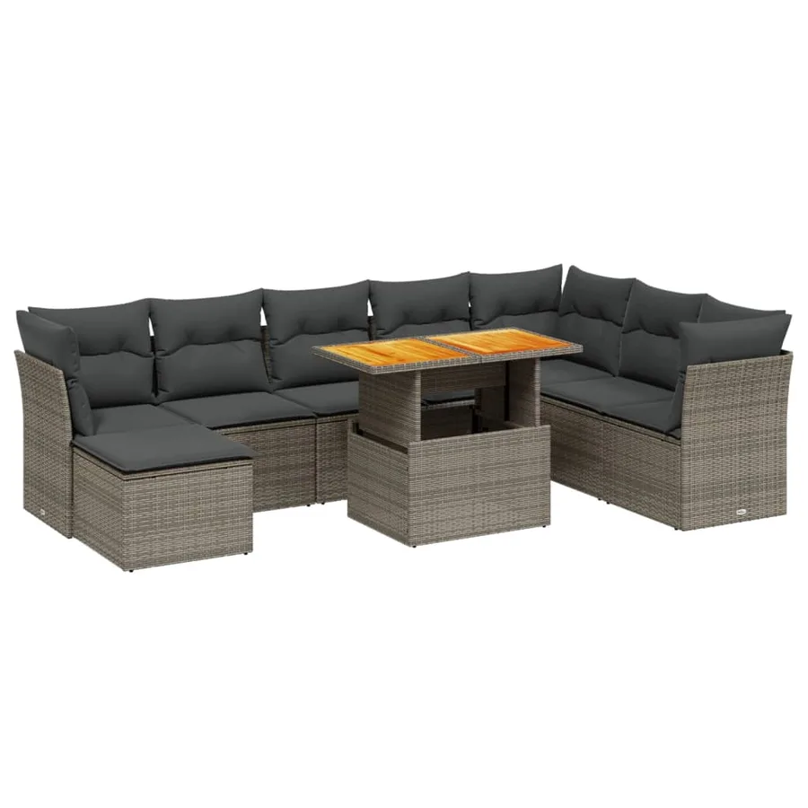 Salon de jardin 9 pcs avec coussins gris résine tressée - 2