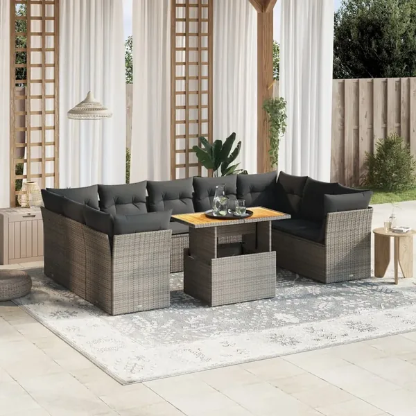 Salon de jardin avec coussins 10 pcs gris résine tressée