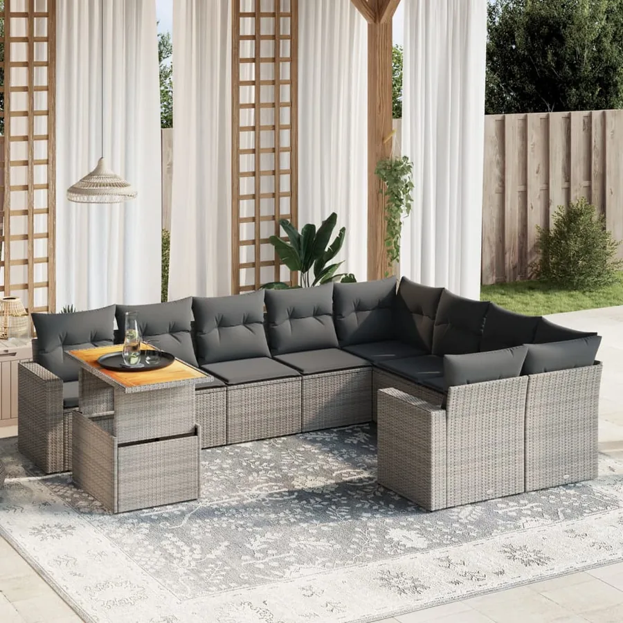 Salon de jardin avec coussins 10 pcs gris résine tressée