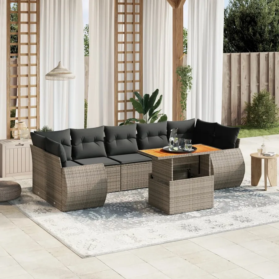 Salon de jardin 8 pcs avec coussins gris résine tressée