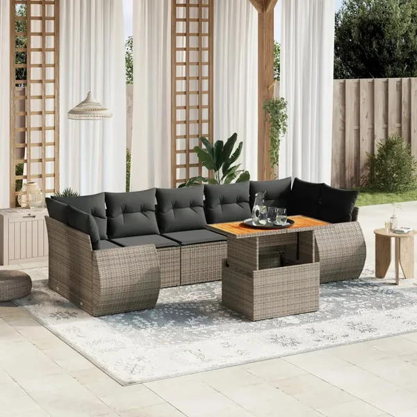 Salon de jardin 8 pcs avec coussins gris résine tressée