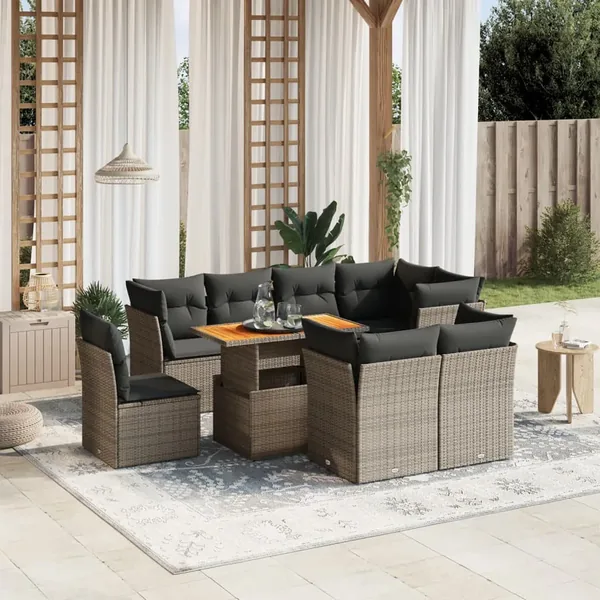Salon de jardin 9 pcs avec coussins gris résine tressée