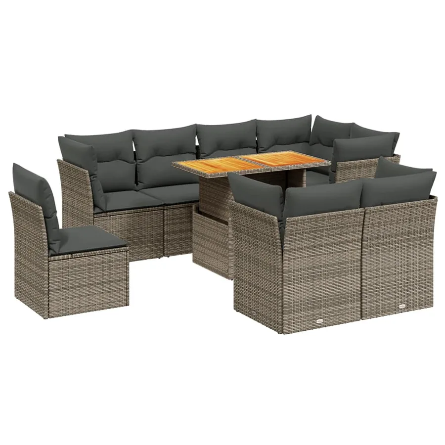 Salon de jardin 9 pcs avec coussins gris résine tressée - 2
