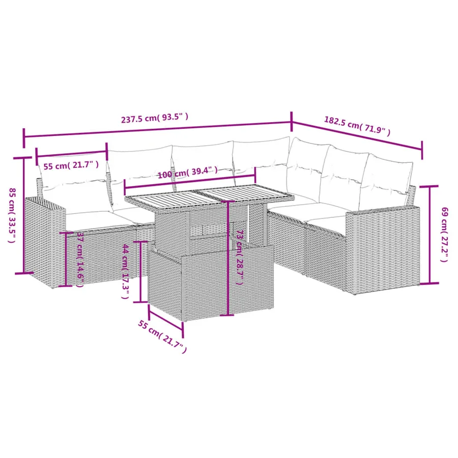 Salon de jardin avec coussins 7 pcs gris résine tressée - 3