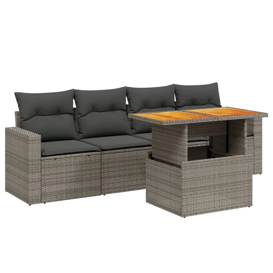Salon de jardin 5 pcs avec coussins gris résine tressée - 2