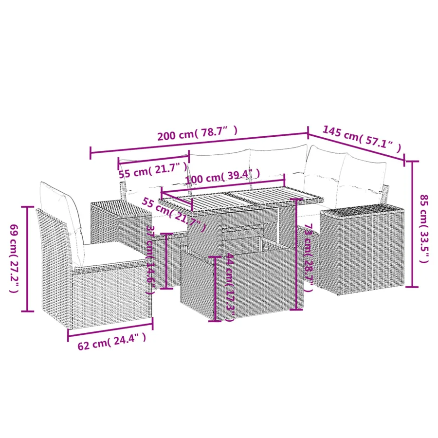 Salon de jardin 6 pcs avec coussins gris résine tressée - 3